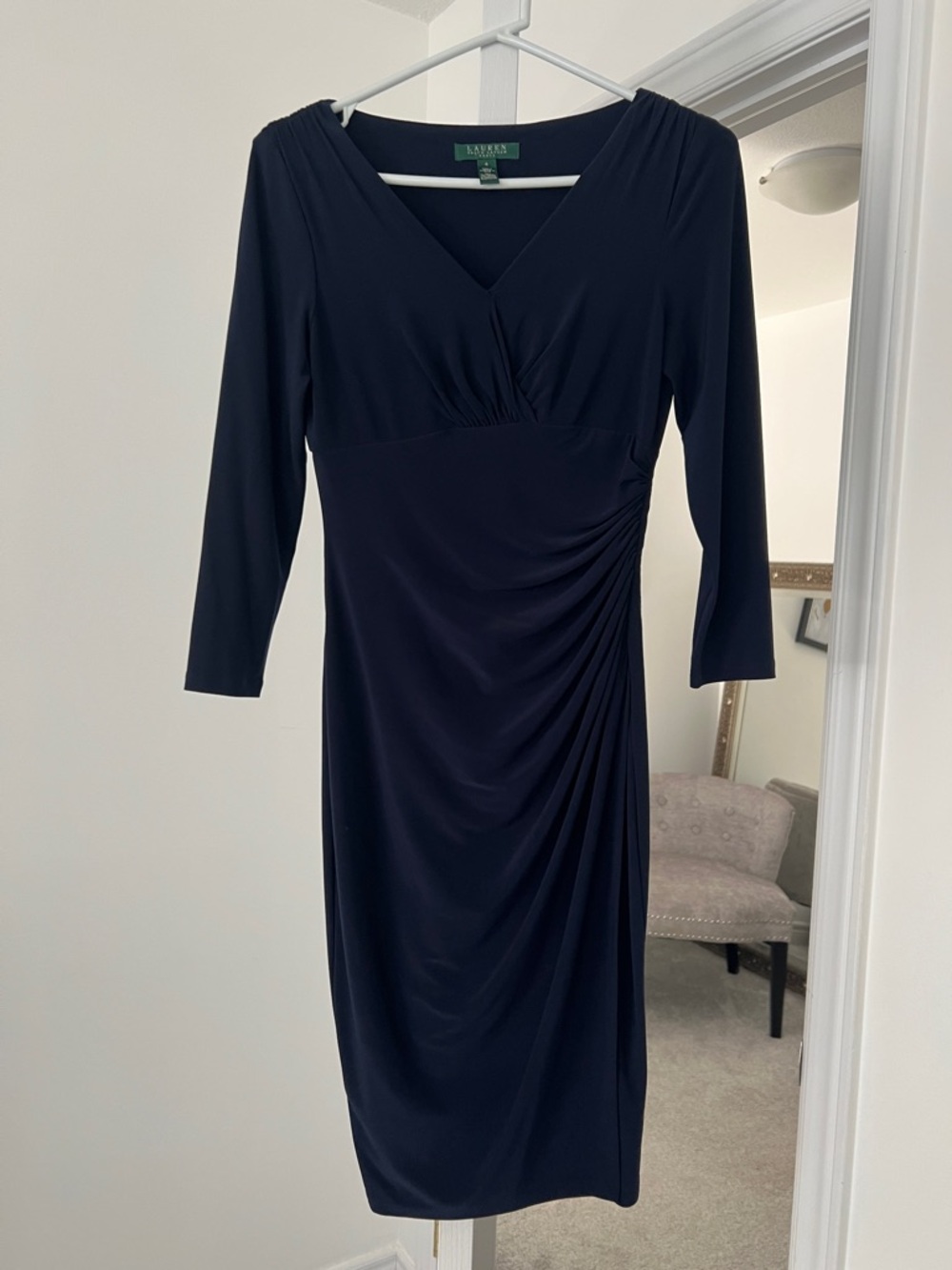 Size 4 Ralph Lauren Dark Navy V-Neck Ruched Side Long-Sleeve Dress